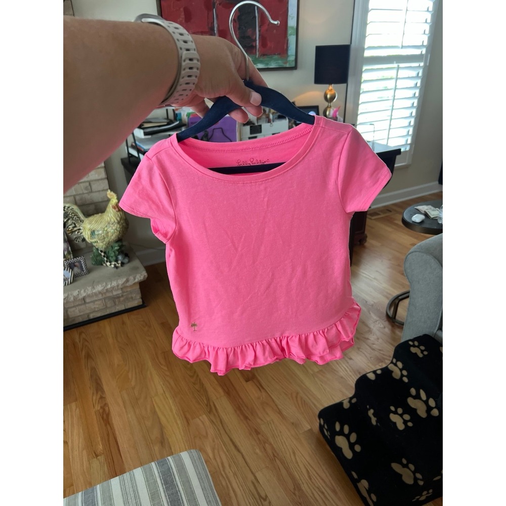 LILLY PULITZER HOT PINK KNIT SS SHIRT‎ WITH RUFFLE girls 4-5